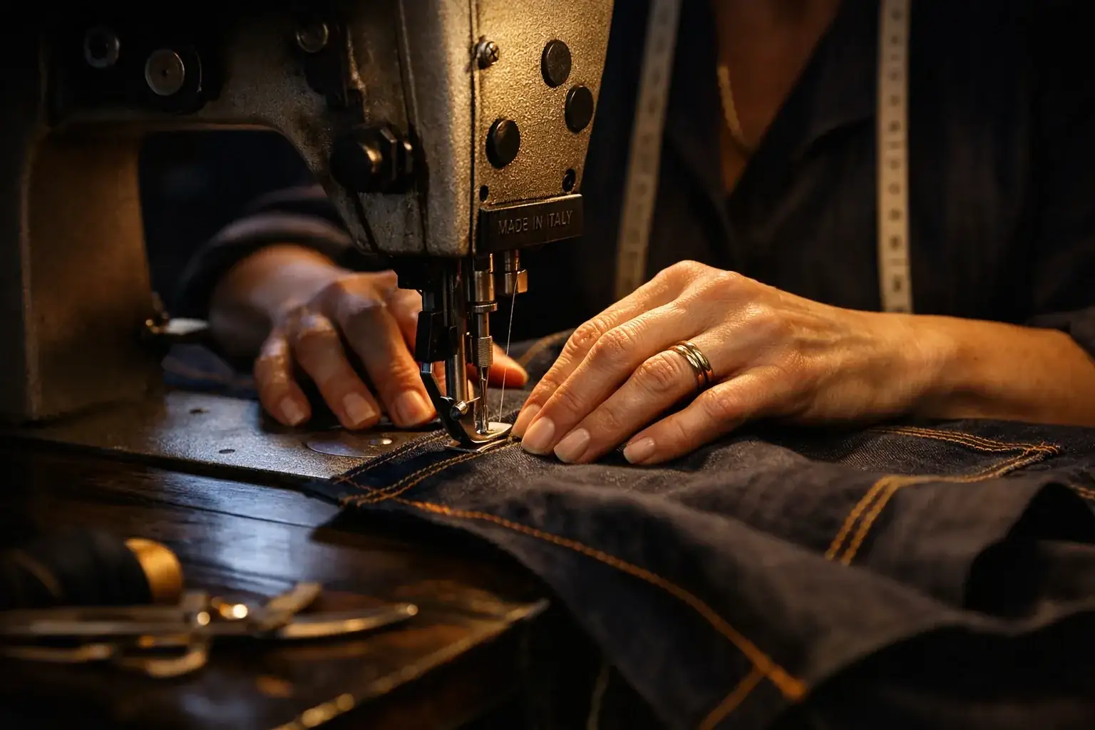 Näherin bei der Arbeit an Denimstoff